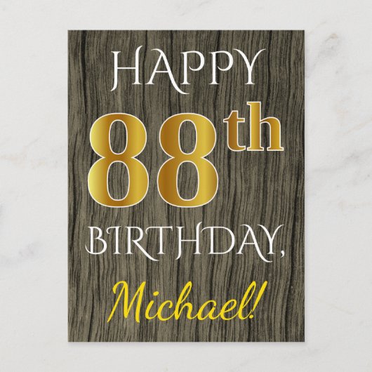 Faux Wood, Faux Gold 88th Birthday + Eigen naam Briefkaart (Voorkant)