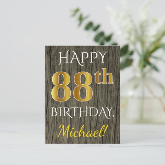 Faux Wood, Faux Gold 88th Birthday + Eigen naam Briefkaart (Staand voorkant)