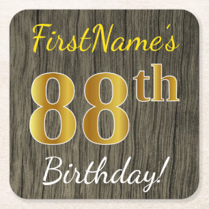 Faux Wood, Faux Gold 88th Birthday + Eigen naam Kartonnen Onderzetters