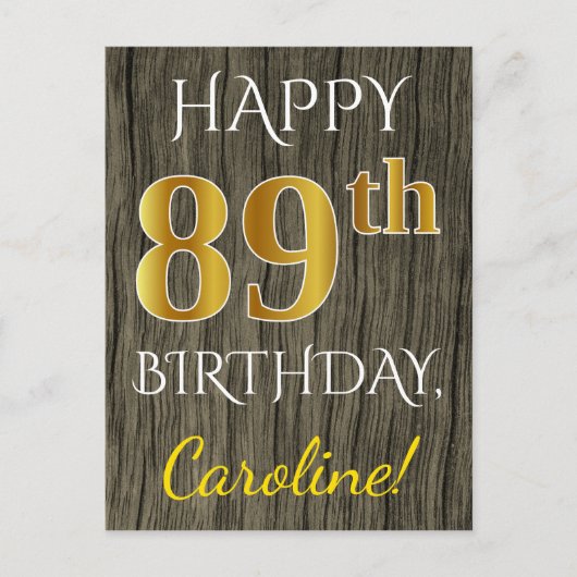 Faux Wood, Faux Gold 89th Birthday + Eigen naam Briefkaart (Voorkant)