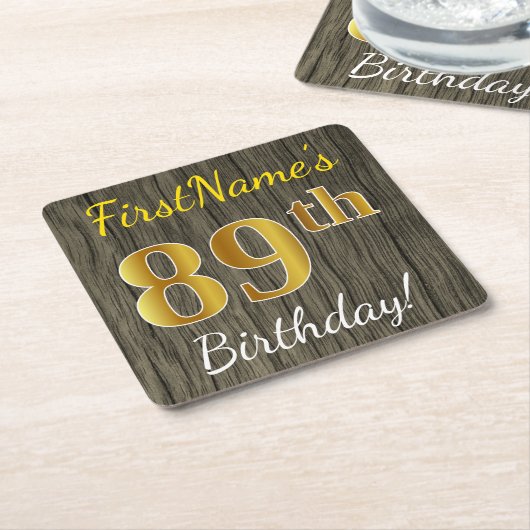 Faux Wood, Faux Gold 89th Birthday + Eigen naam Kartonnen Onderzetters (Schuin)