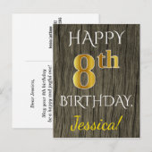 Faux Wood, Faux Gold 8th Birthday + Eigen naam Briefkaart (Voorkant / Achterkant)