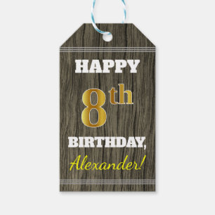 Faux Wood, Faux Gold 8th Birthday + Eigen naam Cadeaulabel