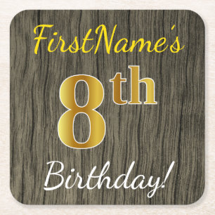 Faux Wood, Faux Gold 8th Birthday + Eigen naam Kartonnen Onderzetters