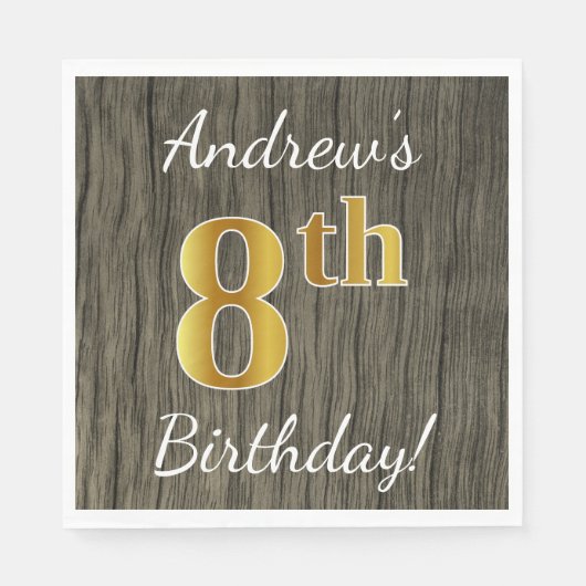 Faux Wood, Faux Gold 8th Birthday + Eigen naam Servetten (Voorkant)