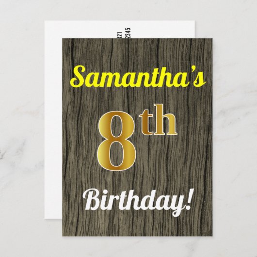 Faux Wood, Faux Gold 8th Birthday en Custom Name Briefkaart (Voorkant / Achterkant)
