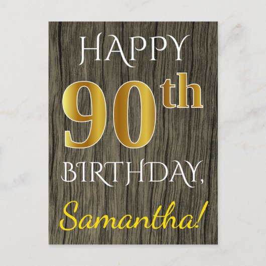 Faux Wood, Faux Gold 90th Birthday + Eigen naam Briefkaart (Voorkant)