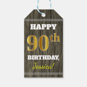 Faux Wood, Faux Gold 90th Birthday + Eigen naam Cadeaulabel