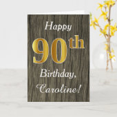 Faux Wood, Faux Gold 90th Birthday + Eigen naam Kaart (Gele Bloem)