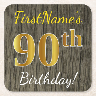 Faux Wood, Faux Gold 90th Birthday + Eigen naam Kartonnen Onderzetters