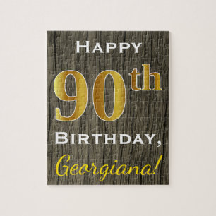 Faux Wood, Faux Gold 90th Birthday + Eigen naam Legpuzzel