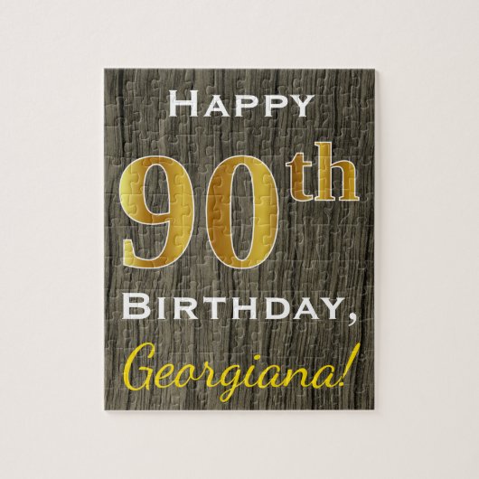 Faux Wood, Faux Gold 90th Birthday + Eigen naam Legpuzzel (Verticaal)