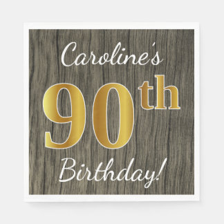 Faux Wood, Faux Gold 90th Birthday + Eigen naam Servet