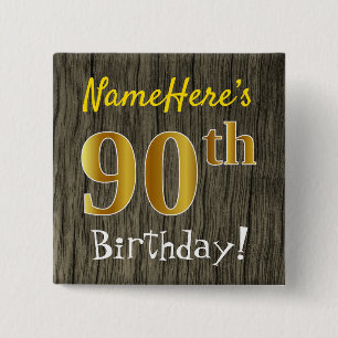Faux Wood, Faux Gold 90th Birthday + Eigen naam Vierkante Button 5,1 Cm