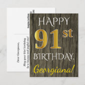 Faux Wood, Faux Gold 91st Birthday + Eigen naam Briefkaart (Voorkant / Achterkant)