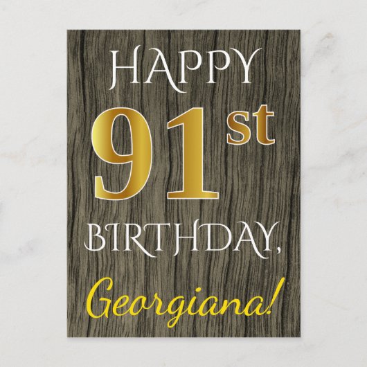 Faux Wood, Faux Gold 91st Birthday + Eigen naam Briefkaart (Voorkant)