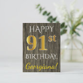 Faux Wood, Faux Gold 91st Birthday + Eigen naam Briefkaart (Staand voorkant)