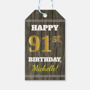 Faux Wood, Faux Gold 91st Birthday + Eigen naam Cadeaulabel