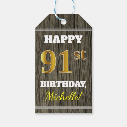 Faux Wood, Faux Gold 91st Birthday + Eigen naam Cadeaulabel (Voorkant)