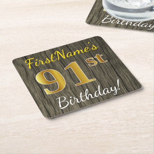 Faux Wood, Faux Gold 91st Birthday + Eigen naam Kartonnen Onderzetters (Schuin)