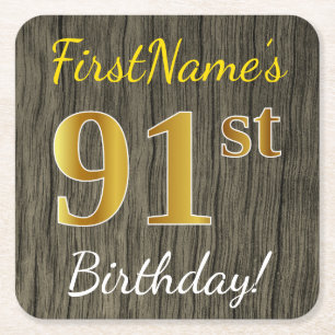 Faux Wood, Faux Gold 91st Birthday + Eigen naam Kartonnen Onderzetters