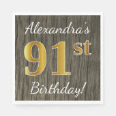 Faux Wood, Faux Gold 91st Birthday + Eigen naam Servetten (Voorkant)