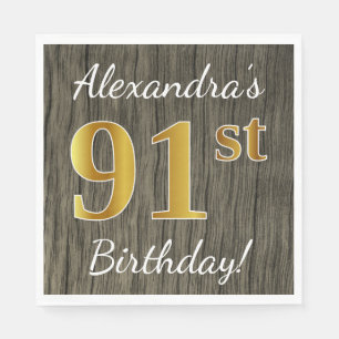 Faux Wood, Faux Gold 91st Birthday + Eigen naam Servetten