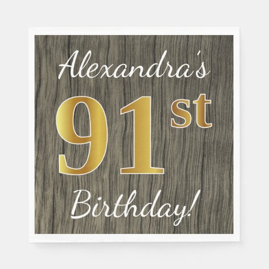 Faux Wood, Faux Gold 91st Birthday + Eigen naam Servetten (Voorkant)