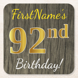 Faux Wood, Faux Gold 92nd Birthday + Eigen naam Kartonnen Onderzetters