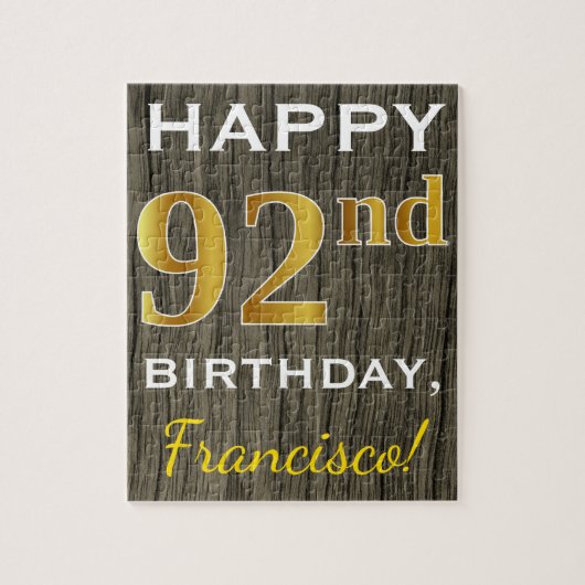 Faux Wood, Faux Gold 92nd Birthday + Eigen naam Legpuzzel (Verticaal)