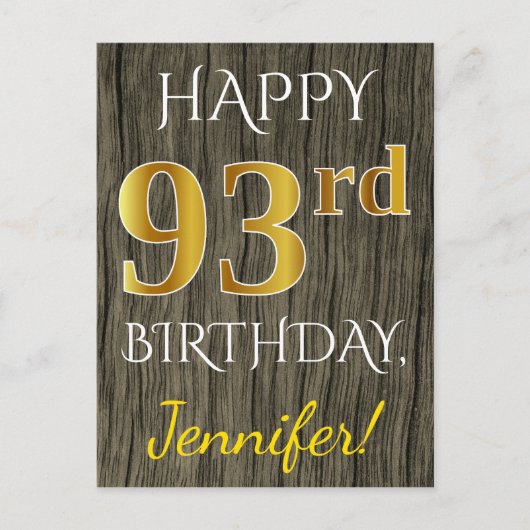 Faux Wood, Faux Gold 93rd Birthday + Eigen naam Briefkaart (Voorkant)