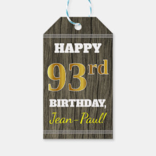 Faux Wood, Faux Gold 93rd Birthday + Eigen naam Cadeaulabel