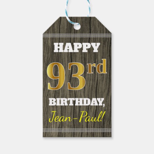 Faux Wood, Faux Gold 93rd Birthday + Eigen naam Cadeaulabel (Voorkant)