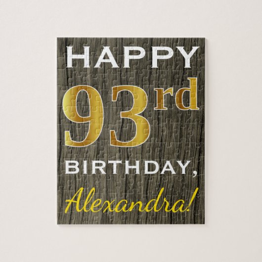 Faux Wood, Faux Gold 93rd Birthday + Eigen naam Legpuzzel (Verticaal)