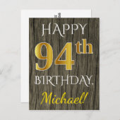 Faux Wood, Faux Gold 94th Birthday + Eigen naam Briefkaart (Voorkant / Achterkant)