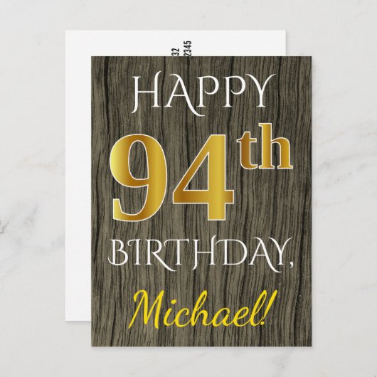 Faux Wood, Faux Gold 94th Birthday + Eigen naam Briefkaart (Voorkant / Achterkant)