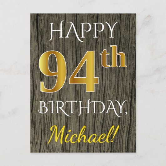 Faux Wood, Faux Gold 94th Birthday + Eigen naam Briefkaart (Voorkant)