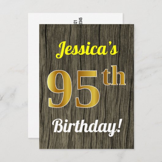 Faux Wood, Faux Gold 95th Birthday & Custom Name Briefkaart (Voorkant / Achterkant)