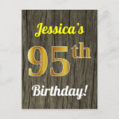 Faux Wood, Faux Gold 95th Birthday & Custom Name Briefkaart (Voorkant)