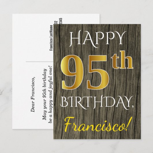 Faux Wood, Faux Gold 95th Birthday + Eigen naam Briefkaart (Voorkant / Achterkant)