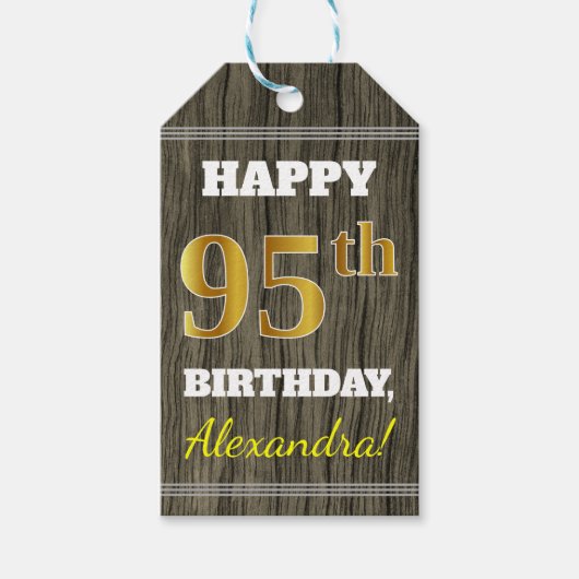 Faux Wood, Faux Gold 95th Birthday + Eigen naam Cadeaulabel (Voorkant)