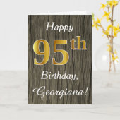 Faux Wood, Faux Gold 95th Birthday + Eigen naam Kaart (Gele Bloem)