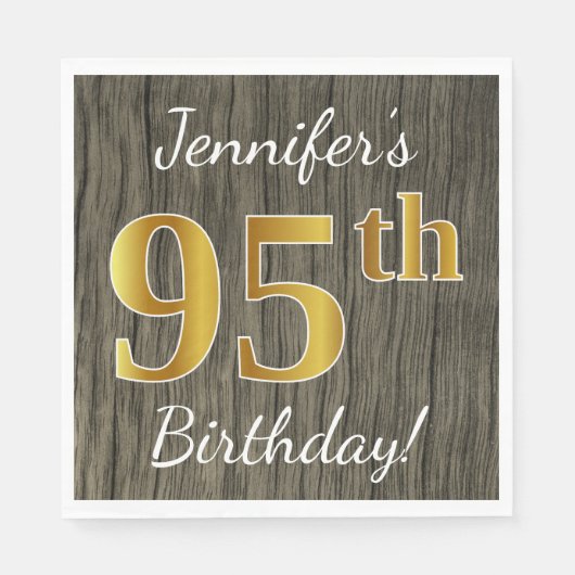 Faux Wood, Faux Gold 95th Birthday + Eigen naam Servetten (Voorkant)