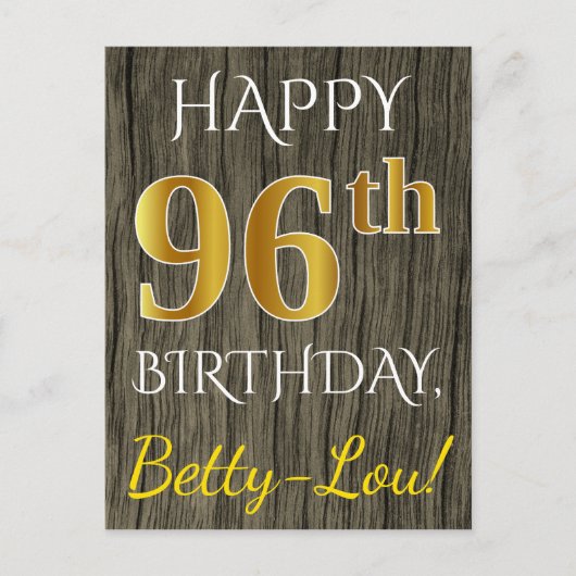 Faux Wood, Faux Gold 96th Birthday + Eigen naam Briefkaart (Voorkant)