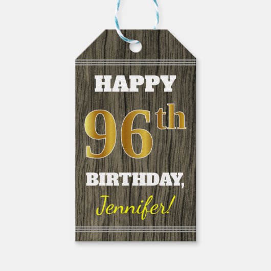 Faux Wood, Faux Gold 96th Birthday + Eigen naam Cadeaulabel (Voorkant)