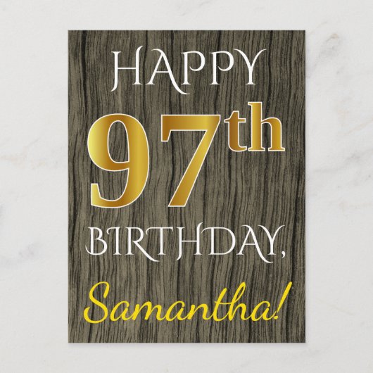 Faux Wood, Faux Gold 97th Birthday + Eigen naam Briefkaart (Voorkant)