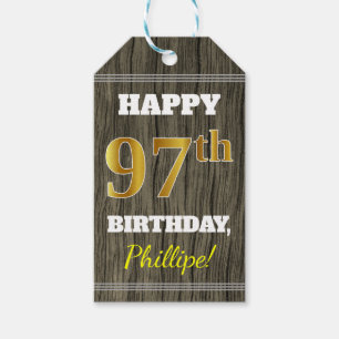 Faux Wood, Faux Gold 97th Birthday + Eigen naam Cadeaulabel