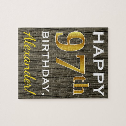 Faux Wood, Faux Gold 97th Birthday + Eigen naam Legpuzzel (Horizontaal)