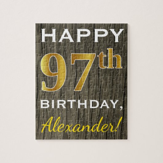 Faux Wood, Faux Gold 97th Birthday + Eigen naam Legpuzzel (Verticaal)
