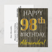 Faux Wood, Faux Gold 98th Birthday + Eigen naam Briefkaart (Voorkant / Achterkant)